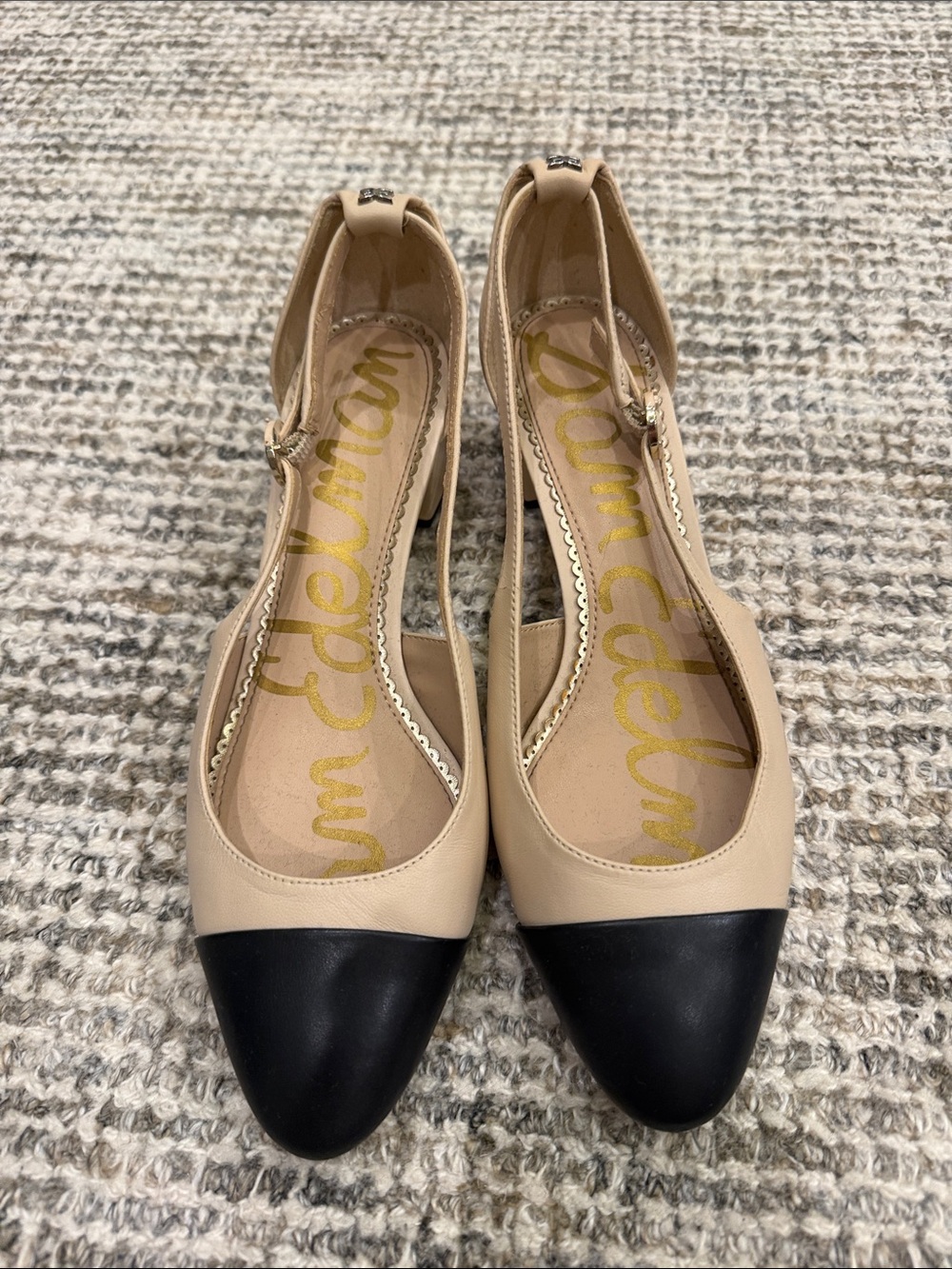 Sam Edelman Beige and Black Pointed-Toe Slingback Pumps